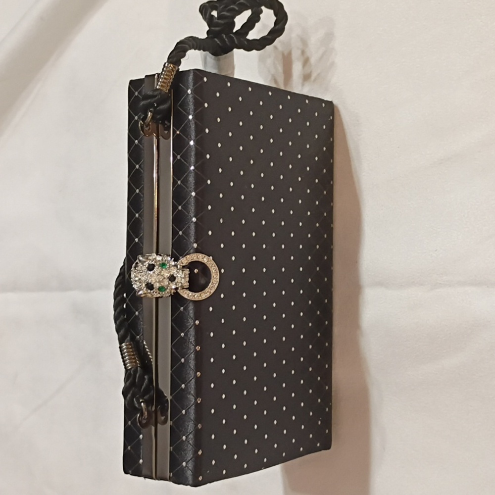 Kenneth Jay Lane Black Polka Dot Clutch with Jeweled Skull Hardware